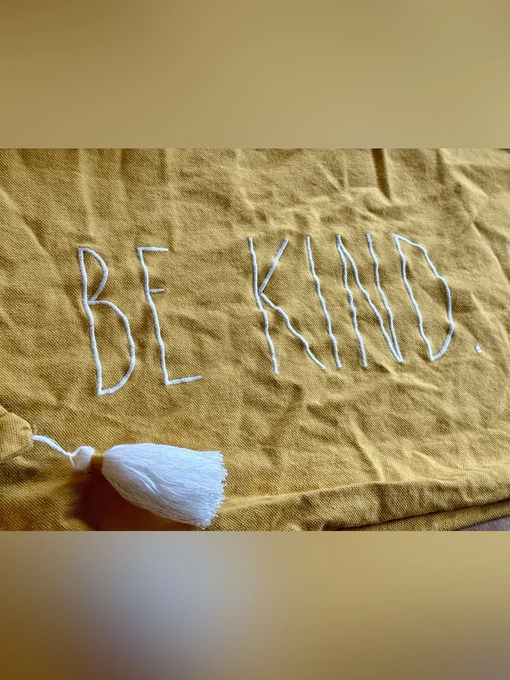 Rae Dunn Canvas Mustard Yellow 'BE KIND' Embroidered Pillowcase